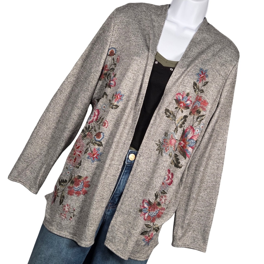 Chico's NEW Cozisoft Tranquil Floral Cardigan Women 3 Heather Gray 3/4 Sleeve